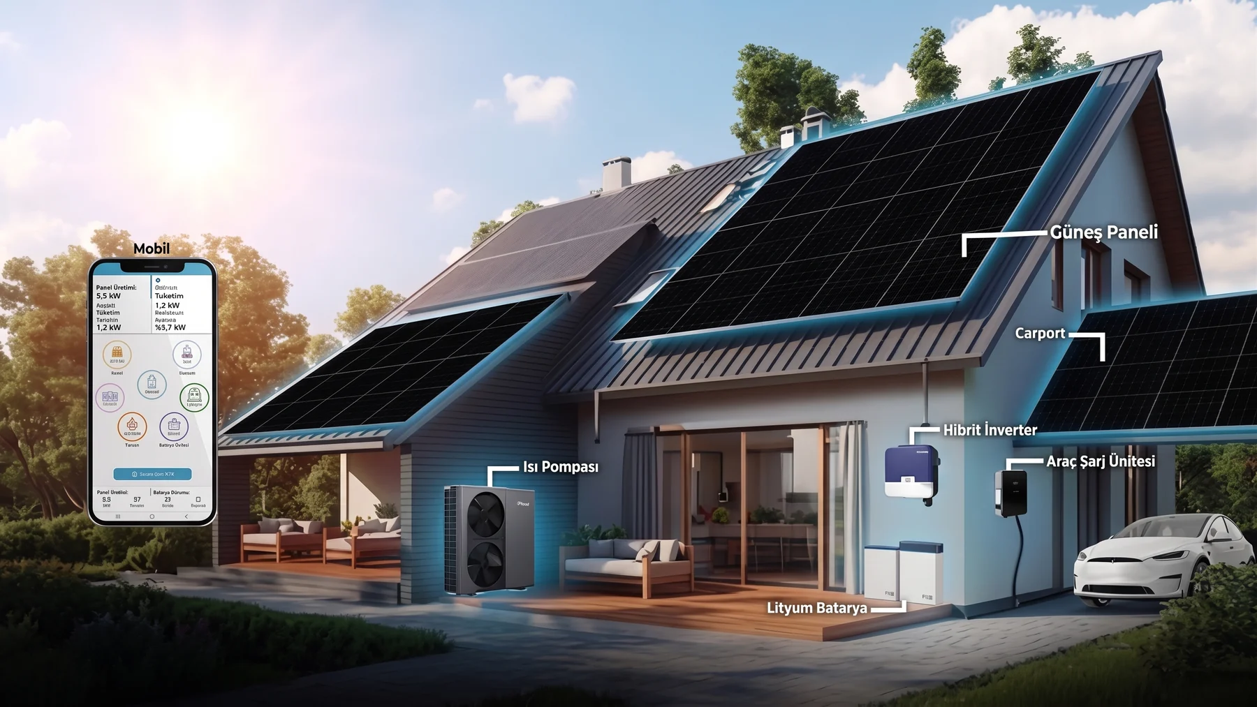 Bir konutun uçtan uca enerji sistemi şeması: çatı ve carport güneş panelleri, hibrit inverter, lityum batarya, ısı pompası, araç şarj ünitesi ve mobil izleme uygulaması